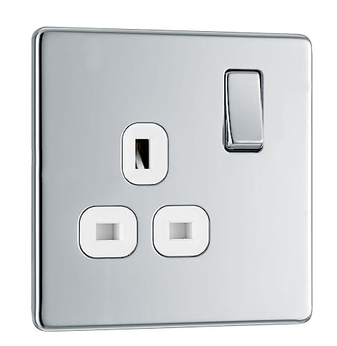 Image of BG Electrical Single Switched Power Plug Wall Socket, Screwless Front Plate, Slim Profile, Premium Flatplate, Polished Chrome, White Inserts, 13A, FPC21W