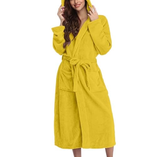 Image of Hooded Bathrobe Women Super Soft Warm Fluffy Fleece Dressing Gown with Hood Plush Long Bathrobe Lightweight Comfortable Sleepwear Nightgown with Pockets Yellow 3XL