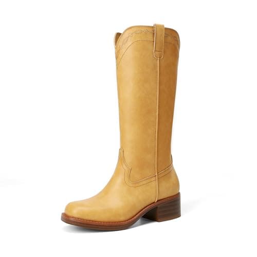 Image of DREAM PAIRS Women's Modern Knee High Boots with Vintage Western Stitching Comfortable and Versatile Tall Boots,Size 4,All Yellow,SDKB26015W