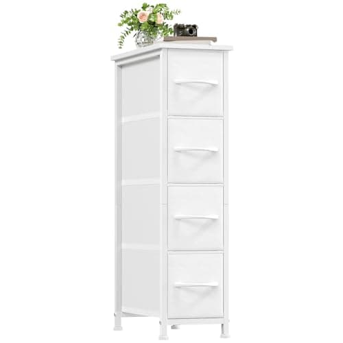 Image of Somdot Slim Chest of Drawers with 4 Fabric Drawers, Narrow Dresser Storage Organiser for Bedroom Living Room Bathroom Closet Nursery Entryway Hallway, White Leather