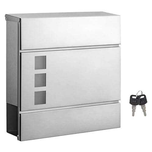 Image of SONGMICS Modern Stainless Steel Post Box with Newspaper Holder, Lid, Lockable, Easy to Install, Silver GMB052S02