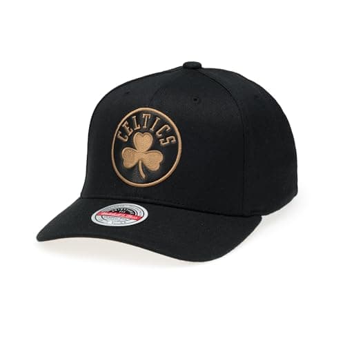 Image of Mitchell & Ness NBA Leather Logo Classic Red Snapback Cap - 100% Polyester, Adjustable, Men, Women, Children, Unisex, Spring, Summer, Autumn, Winter, Boston Celtics - Black/Gold, One Size