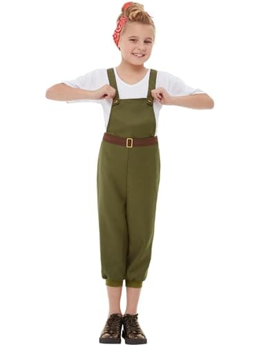 Image of Smiffys WW2 Little Land Girl Costume, Green with Top, Dungarees & Headscarf, Girls Fancy Dress, Child Dress Up Costumes