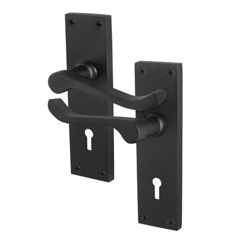 Image of EAI Black Victorian Scroll Lock Handles, 1 Pair of Matt Black Internal Lever Door Handles on Backplate