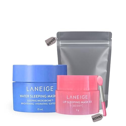 Image of Laneige Lip Balm & Water Sleeping Mask Set (15ml + 3g), Korean Care Lip Mask & Mini Skincare Gift Duo with Applicator & Travel Pouch by Sovio