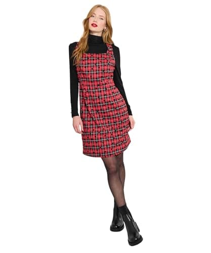Image of Joe Browns Women's Heart PrintTartan Check Pinafore Mini Dress, Red, 38 Pequeño