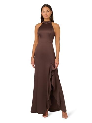 Image of Adrianna Papell Women's Halter Slim Coulmn Gown Special Occasion Dress, Dark Brown, 22