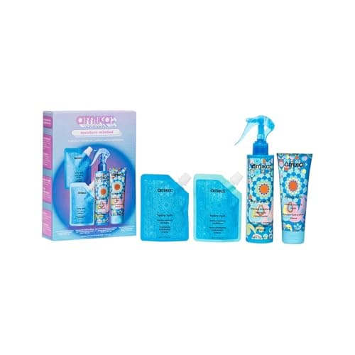 Image of amika moisture-minded hydration routine set - includes travel size hydro rush intense moisture shampoo, hair conditioner + hair mask + full size leave in conditioner spray (4 pieces)