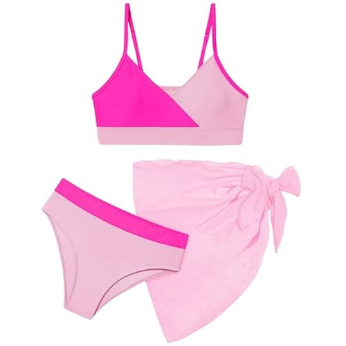 Image of Xumplo Swimming Costume for Girls 3 Pieces Bikini Set Teen Girls Color Block Swimsuit with Cover Up Kids Bathing Suit Swimwear 12-13 Years(Pink)