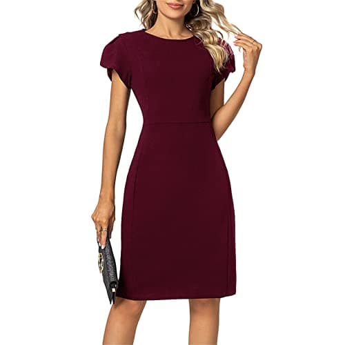 Image of MINTLIMIT Women Sheath Dress Puff Tulip Short Sleeve Lining Business Wear to Work Pencil Dress Burgundy