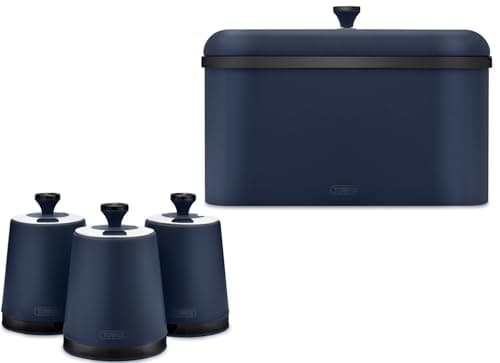 Image of Tower Sera Midnight Blue Breadbin & Tea, Coffee, Sugar Canisters. Contemporary Matching Kitchen Storage Set in Matte Midnight Blue Finish with Stylish Black Smoked Trim