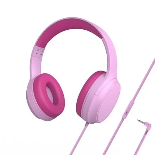 Image of Usoun Kids Headphones,Wired Headphones for Kids Over Ear with Microphone,85/94dB Volume Limiter Headphone for Kids Boys Girls Teens Children,3.5mm Wired Foldable Headphone for School/Tablet (Pink)