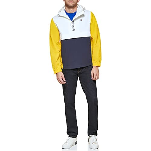 Image of Tommy Hilfiger Men's Retro Lightweight Taslan Hooded Popover Water Resistant Windbreaker Jacket, Yellow/Navy/White, XXL