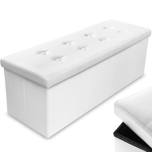 Image of Nyxi Foldable Ottoman Storage Box, 110x38x38cm, 120L Capacity Faux Leather, Multi-Purpose 2-Seater, Foot Stool, Storage Organizer with Lid for Kids Toys, Bedroom, Hallway, Living Room, White