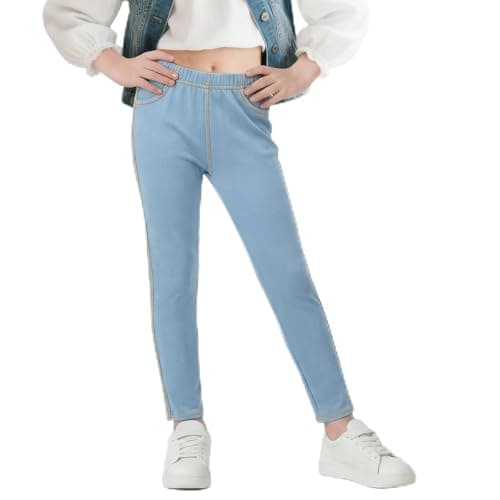 Image of Baogaier Girls Leggings Jeans-Look Skinny Jeggings Stretchy Trousers with Pockets High Waist Denim Looks Slim Fit Pants Kid Tights School Casual Wear Kids Clothes for 8-9 Years, Light Blue
