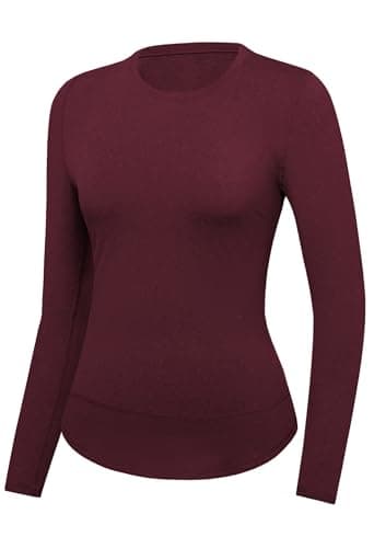 Image of Gyabnw Thermal Tops Womens Sports Long Sleeve Base Layer Ladies Crew Neck Underwear for Running Yoga Training Wine Red