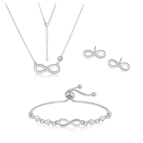 Image of Women's Jewellery Set 925 Sterling Silver Infinity Necklace Bracelet Stud Earrings Sets with Cubic Zirconia Adjustable Pendant Necklaces Bridal Wedding Bridesmaid Ladies Jewellery Gift Set(Silver)