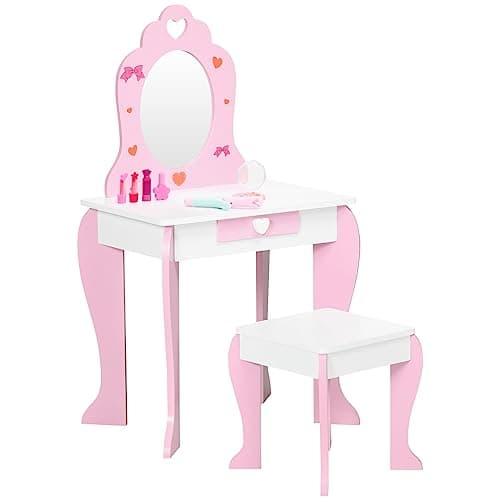 Image of ZONEKIZ Kids Dressing Table with Mirror and Stool, Vanity Set w/Love Heart and Bow Design, Girl Makeup Desk w/Drawer, for Ages 3-6 Years - Pink