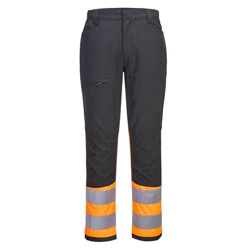Image of Portwest CD888 WX2 Eco Hi Vis Class 1 Service Work Trousers Four Way Stretch Slim Fit Multi Pocket Reinforced Panels Recycled Fabric Stain Resistant Adjustable Leg, Orange/Black, 28