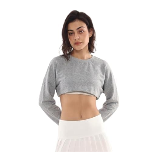 Image of Amazhiyu Womens Cropped Sweatshirt, Solid Long Sleeve Pullover Cropped Short Top Crewneck Oversize Hoodie Casual Heather Grey M
