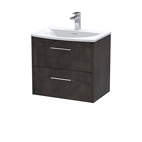 Image of Hudson Reed JNU2624G Juno Modern Bathroom Wall Hung 2 Drawer Vanity Basin Unit & Curved Ceramic Basin, 600mm, Matt Metallic Slate