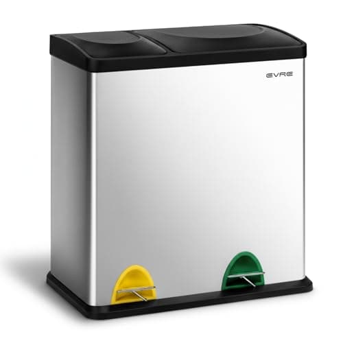 Image of EVRE Recycling Bin, Rectangular 2 Compartment Section 36L Waste Seperation Sortation System with Non Slip Base, Odour Seal, Removable Inner Compartments and Colour Coded (Silver)