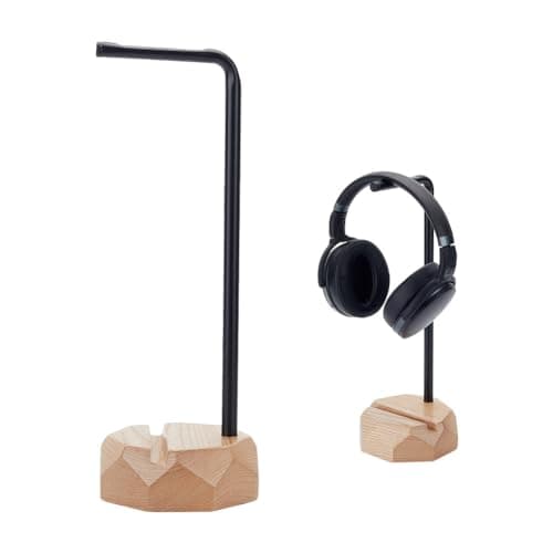 Image of DELORIGIN Wooden Headphone Stand Headphone Holder with Smartphone Stand Wood Base Iron Bar Gaming Headset Stand Desk Hanger for Men Gift Apply All Headphone Sizes Sports Headsets