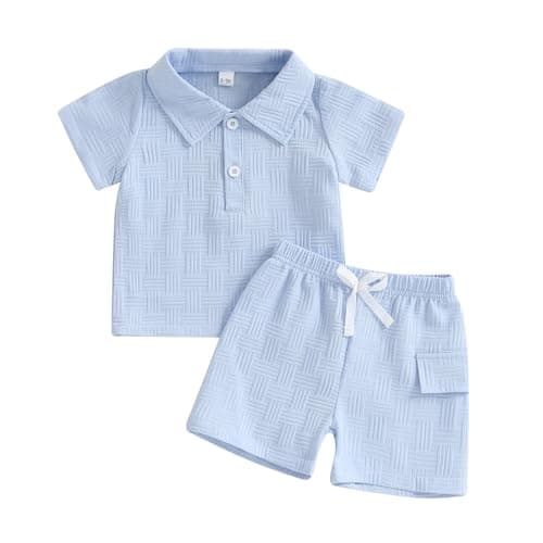 Image of M9ppzzur7 Toddler Baby Boys Summer Outfits Turn Down Collar Short Sleeve Solid Color T-shirt and Elastic Waist Shorts Set 2Pcs Clothes Set (Sky Blue, 2-3T)