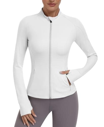 Image of JoyGirl Womens Zip Up Sport Running Jacket with Pockets Long Sleeve Workout Jackets Slim Fit Gym Yoga Tops with Thumb Holes (White,S)