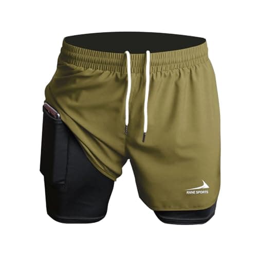 Image of Men's Running Shorts 2 in 1 Short Gym Athletic Outdoor Jogging Workout Training Shorts Army Green M