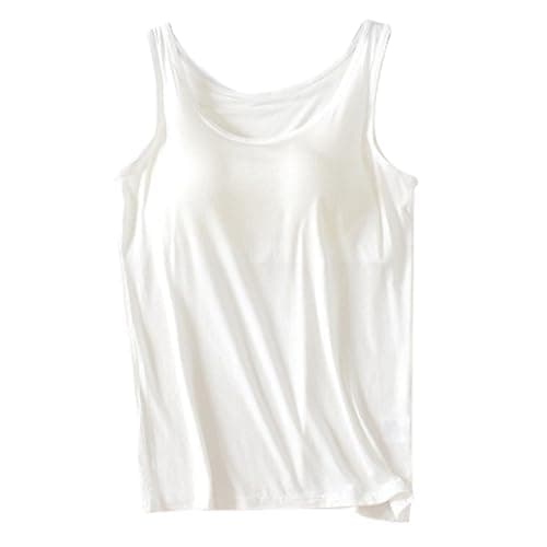 Image of Generisch + Women Tank Tops with Built-in Bras Casual Crew Neck Sleeveless Vest Plus Size Cotton Padded Workout Tops 2026, White, XL