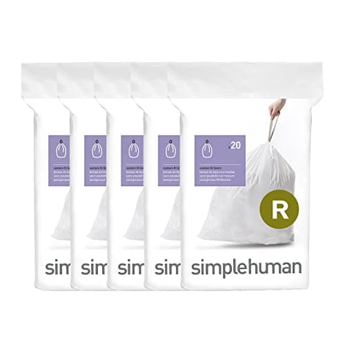 Image of simplehuman Code R 100 Liners, 50% Recycled Custom Fit Bin Bags in Dispenser Packs, Durable Drawstring Tie Handle, 10L, White