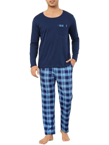 Image of Vlazom Men's Pyjamas Sets Long-Sleeve Pj's Set Soft Loungwear Solid Top and Check Pant with Pockets D-Dark Blue,L