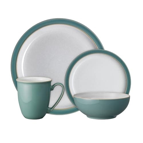 Image of Denby - Elements Fern Green Dinner Set For 1 - 4 Piece Ceramic Tableware - Dishwasher Microwave Safe Crockery Single Place Setting - 1 x Dinner Plate, 1 x Small Plate, 1 x Cereal Bowl, 1 x Coffee Mug