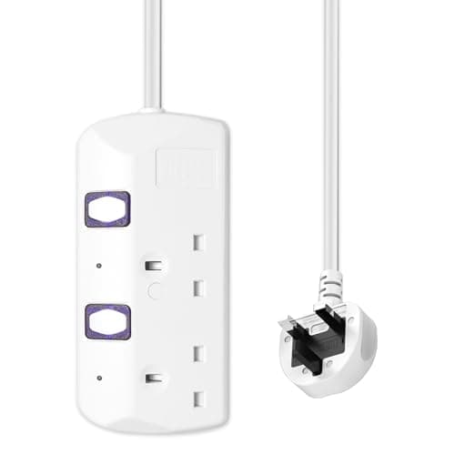 Image of 2 plug extension lead with Individual Switches, 1.5M Extension Cable, Extension lead with switches 13A Fused UK Plug, 2 gang extension lead Wall Mountable for Home, Office, Study