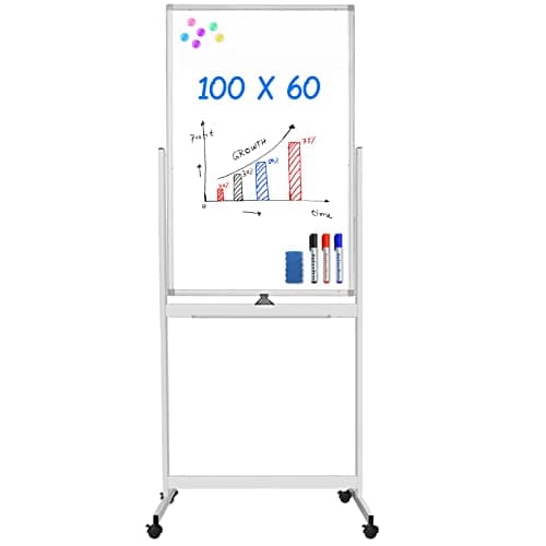Image of maxtek Double Sided Mobile Whiteboard, 60 x 100 cm Magnetic White Board with Rolling Wheels, Dry Erase Board on Wheels, Aluminium Frame for Home, Office, School