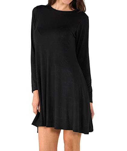 Image of Candid Styles Womens Plain Long Sleeve Stretch A Line Skater Flared Swing Dress Top Plus Size T-Shirt 8-26 20-22 Black
