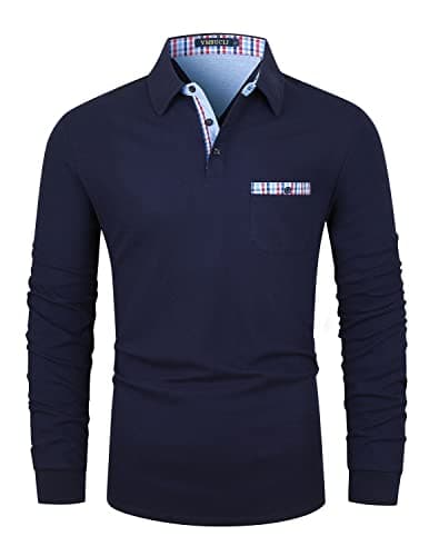 Image of VMSUCIJ Men's Polo Long Sleeve Plaid Denim Stitched Cotton Golf T-Shirt with Real Pocket M-3XL,Blue,XXL
