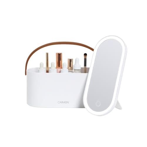 Image of Carmen C81167WHTST 2-IN-1 Vanity Case with LED Mirror & Leatherette Strap, Illuminating LED Light, Touch Sensor Control, 5200K White Light, White