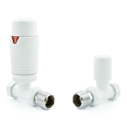 Image of Hot Flow All-White Estuary Straight TRV Thermostatic Radiator Valve (Pair) Includes Straight TRV Body, Wheel Head & Lock Shield for Quick & Easy Temperature Control. Perfect for Energy Saving.