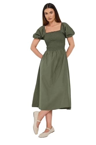 Image of Long Tall Sally - LTS Tall Green Shirred Cotton Puff Sleeve Midi Dress - Women's