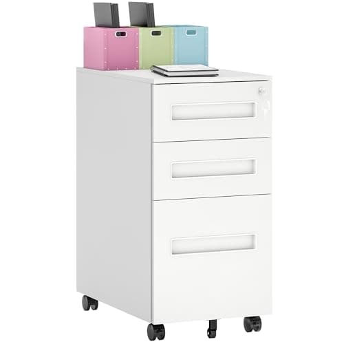 Image of Vinsetto 3 Drawer Mobile File Cabinet, Metal Filing Cabinet with Lock and 5 Wheels for A4/Legal/Letter Sized Documents, Hanging File Folders, Pre-Assembled Body, 30 x 43.5 x 60 cm, White