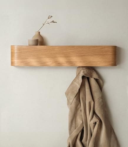 Image of Kazai. Wall-Mounted Coat Rack 'Toke' | Modern Design Coat Rack with Hidden Wall Hooks | Solid Wood Veneer Panel Coat Hanger | Oak