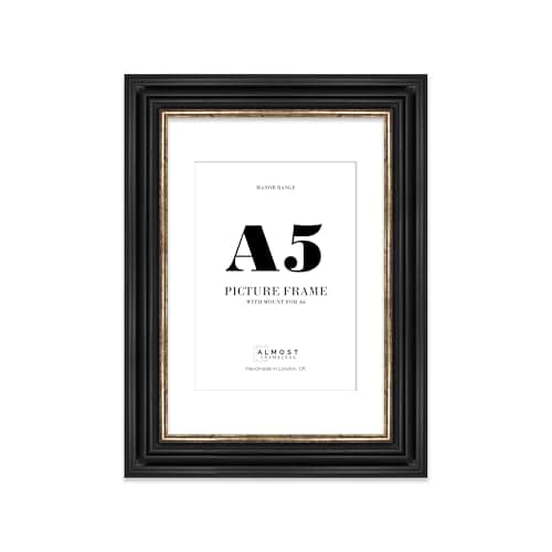 Image of A5 Black and Gold Picture Frame - A5 Frame with A6 Mount for A5/A6 Pictures Luxurious Style Antique-Inspired Home Accessories, 1 Pack