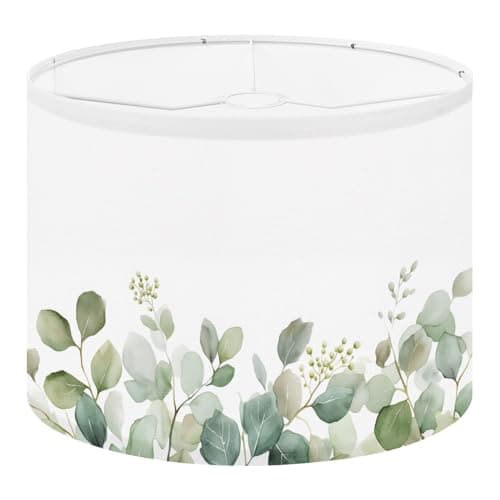 Image of Fabric Round Drum Lamp Shade Rustic Green Eucalyptus Design Trendy Vintage Medium Linen Decorative Assembly Replacement Lampshades 13inch Set of 1 for Table Lamps, Floor Lamps,Ceiling Lamp
