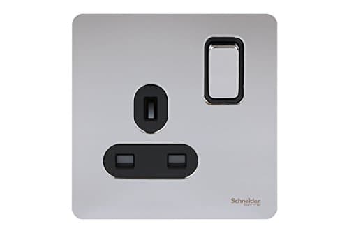 Image of Schneider Electric Ultimate Screwless Flat Plate 13a Switched Single Socket Polished Chrome Black Insert