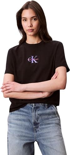 Image of Calvin Klein Women’s Short Sleeve Classic Logo Cotton T-Shirt, Black (Black), M
