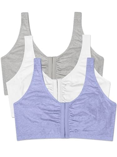 Image of Fruit of the Loom Womens Front Close Builtup Sports Bra, Blue Gem Heather/White/Grey 3-Pack, 38