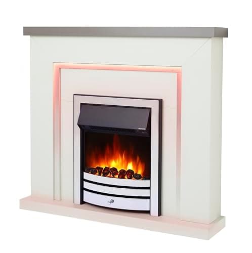 Image of Endeavour Fires Bempton 42" Electric Fireplace Suite with Flame Effect & Coal Bed, Remote Control, Custom Surround, 13-Colour LED Lighting, Eco Heater, Grey Top/White Hearth/Chrome Fire