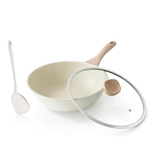 Image of Kordisen Non Stick Induction Wok Pan, 30cm Deep Stir-Fry Pans with Lid, Stay Cool Handle, Compatible with All Stovetops, PFOA Free (Cream White)
